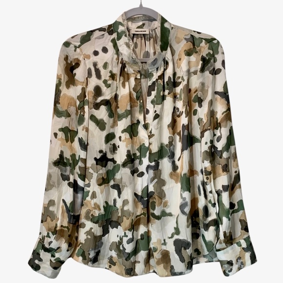 Zadig & Voltaire Tink Camou Blouse V-Neck Lace Trim Green Camo Top Medium M - Picture 3 of 8